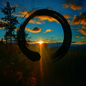 Sunset behind trees with an Enso symbol overlay.